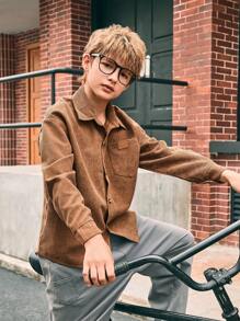 SHEIN Chaqueta informal de manga larga, bolsillo y holgada de pana para niños preadolescentes, otoño/invierno