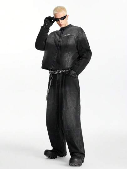 NEON BLANC Chaqueta de mezclilla con cremallera y efecto desgastado de otoño para hombres