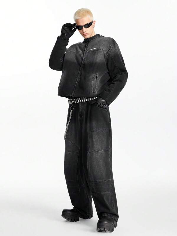 NEON BLANC Chaqueta de mezclilla con cremallera y efecto desgastado de otoño para hombres