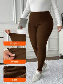 SHEIN LUNE Damen Leggings in Große Größen mit elastischem Bund, thermisch gefüttert, für den Lässig-Bereich - Schokoladenbraun - Übersicht 5