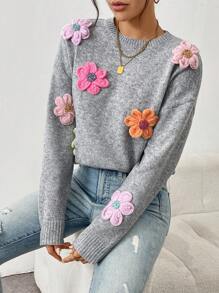 Chiquease Áo len cổ tròn dáng rộng, thoải mái, họa tiết hoa 3D nhiều màu sắc, thời trang thu đông, dịu dàng, nhẹ nhàng, kiểu dáng giản dị, chất liệu dệt kim. - Nhiều màu - Xem 6