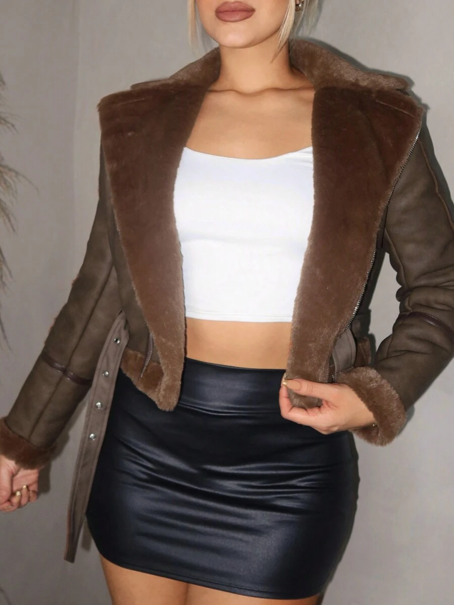 VaVaBold 女士翻领拉链系腰带长袖蓬松复古皮夹克 - 棕色 - 查看 1