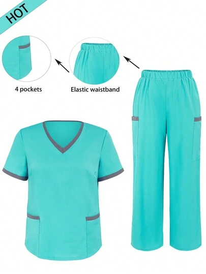 TaskEZ 2 件套女式短袖拼布口袋上衣和裤子护士制服手术服套装