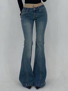 DAZY Women's Casual Distressed Flare Jeans With Slant Pockets - Medium Wash - View 1