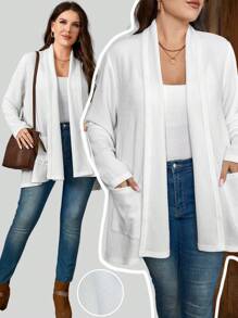 EMERY ROSE 大码女式纯色长袖翻领口袋宽松休闲羊毛夹克，秋冬 - 白色 - 查看 3