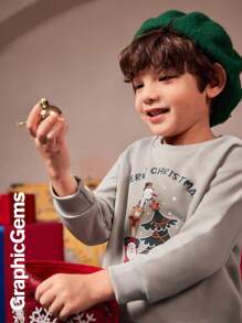 2 件装年轻男孩圣诞老人驯鹿雪人堆叠圣诞树印花运动衫和裤子圣诞服装套装