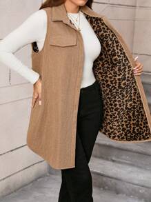 SHEIN LUNE 大码休闲纽扣灯芯绒无袖外套豹纹毛绒毛绒秋冬度假装保暖