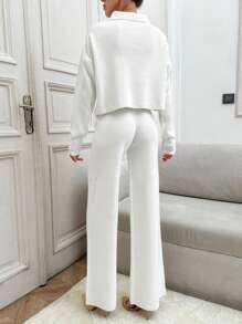 SHEIN Tall 高腰两件套服装，含开衫和针织裤，休闲装，纯色，适合冬季 - 杏色 - 查看 3