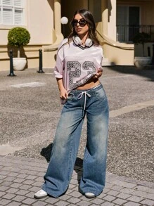 SHEIN EZwear Women's Casual Loose Fit Wide Leg Jeans With Pockets - Blue - View 3