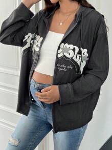 SHEIN 孕妇休闲落肩拉链连帽夹克，春秋 - 灰色 - 查看 3