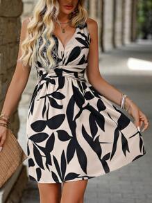 SHEIN LUNE 女式 V 领无袖休闲短裙，腰部有褶饰和植物印花，度假装 - 杏色 - 查看 6