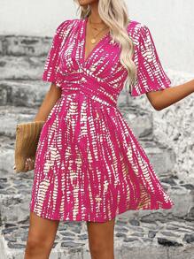 Breezaya Summer Casual All-Over Print Ruched Ruffle Sleeve Dress - Hot Pink - View 6