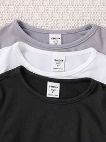 SHEIN Leap Crew 3pcs Solid Color Ruched Neck Fitted Casual T-Shirts Set For Young Girls - Multicolor - View 5