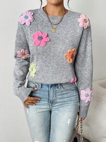 Chiquease Áo len cổ tròn dáng rộng, thoải mái, họa tiết hoa 3D nhiều màu sắc, thời trang thu đông, dịu dàng, nhẹ nhàng, kiểu dáng giản dị, chất liệu dệt kim. - Nhiều màu - Xem 7
