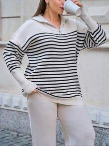 EURMUSE Plus Size Sweater Women Stripe Pattern Zip Detailed Neck Drop Shoulder Pullover Sweater & Pants Set, For Winter - Multicolor - View 4