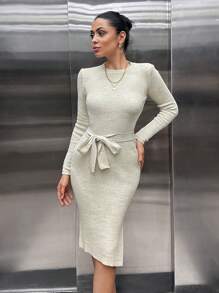 SHEIN Cottnline Women Bodycon Sweater Midi Dress With Belt Detail - Beige - View 6