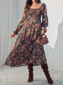 SHEIN 孕妇花卉印花方领长袖荷叶边下摆连衣裙（春秋季） - 彩色 - 查看 3