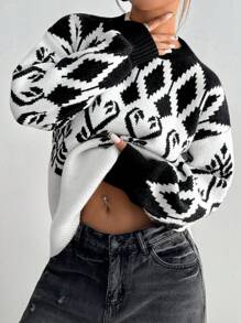 SHEIN Unity Women's Geometric Pattern Long Sleeve Casual Jacquard Knit Sweater, Autumn/Winter, Knit Pullover Fall - Black and White - View 1
