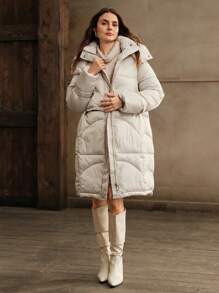 Anewsta Women's Medium-Long Loose Fit Korean Style Solid Color Hooded Padded Coat - Apricot - View 3