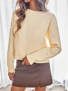 Aveloria Elegant Rhinestone Sequin Sleeve Design Crew Neck Pullover Sweater For Autumn Winter Knit Pullover Fall Outfit - Beige - View 3