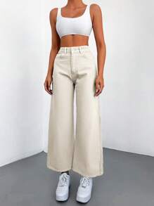 EURMUSE Casual Solid Wide Leg Jeans - Apricot - View 5