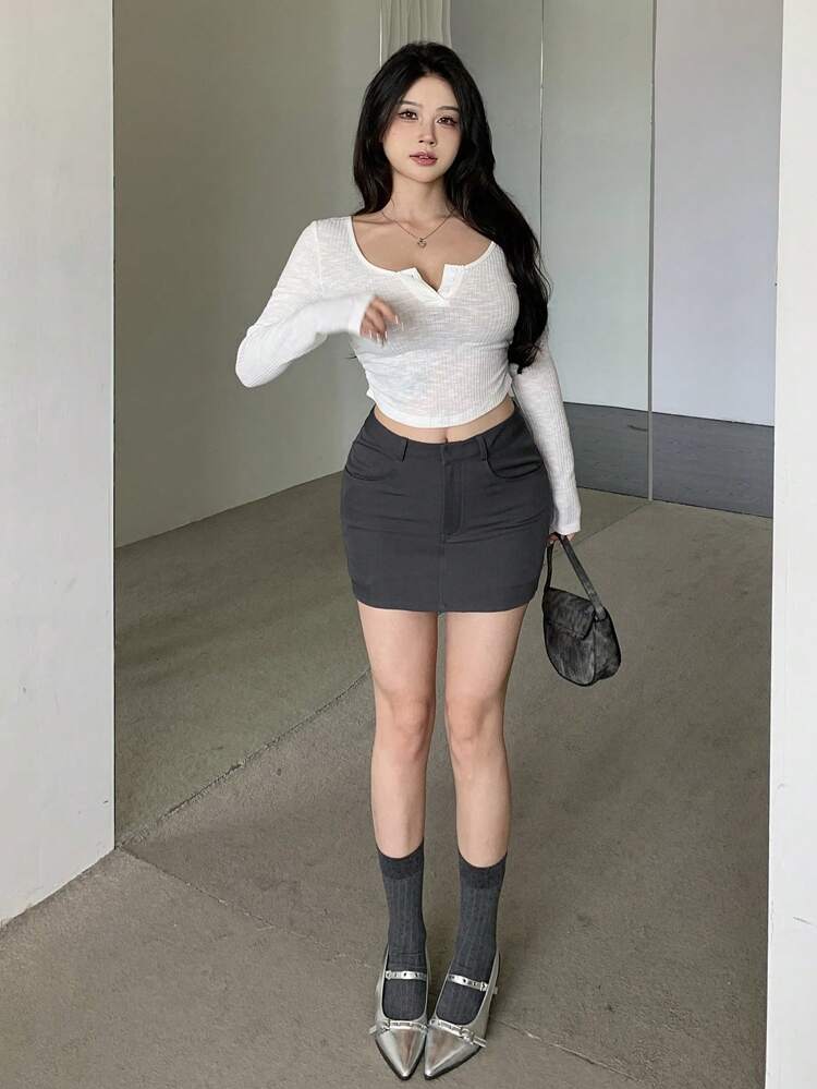 Women's Solid Color Pocketed Short Bodycon Skirt,Pencil Skirt Fall Skirts