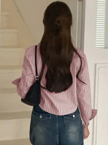 DAZY Women Striped Fitted Cropped Long Sleeve Blouse, Pink, Spring/Autumn,Fall Women Clothes - Pink - View 2