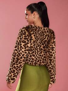 Glamine 女士豹纹长袖蓬松短夹克，冬季 - 棕色 - 查看 2
