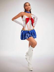 SHEIN SXY Đầm mini dây mảnh trang trí nơ màu tương phản dành cho nữ kèm phụ kiện xích body - Nhiều màu - Xem 4