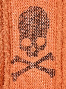 SHEIN LUNE Women's Skull Pattern Oversized Crew Neck Hollow-Out Knit Long Sleeve Sweater, Autumn/Winter, Knit Pullover Fall - Orange - View 5