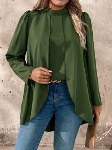 EMERY ROSE Áo cánh tay bồng cổ đứng màu trơn thanh lịch mùa xuân và thu cỡ lớn cho nữ - xanh quân đội - Xem 6