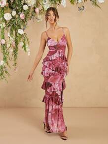L'Amorae Printed Sleeveless Ruffle Maxi Dress With Side Slit