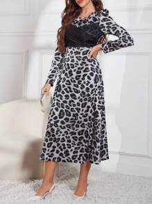 Modelyn Women's Elegant Leopard Print Patchwork Black Cinched Waist Long Sleeve Dress Long Evening Dresses Fall Cloth For Women - Black - View 3