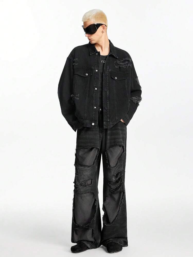 Men's Distressed Denim Long Sleeve Patchwork Jacket, Spring Autumn