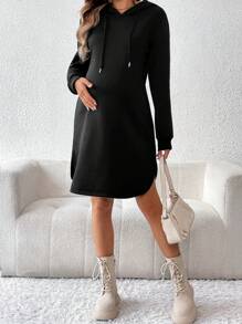 SHEIN 孕妇纯色连帽长袖抽绳孕妇运动衫，适合冬季 - 黑色 - 查看 3