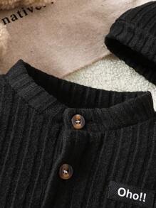 SHEIN 男婴纯色羊毛连体衣，柔软舒适休闲风格，适合秋冬季外出、户外玩耍、度假、日常生活、旅行，配有帽子 - 黑色 - 查看 5