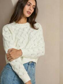 Anewsta 女士优雅仿珍珠串珠针织毛衣，秋冬款 - 白色 - 查看 1