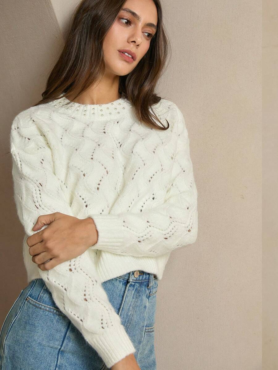 Anewsta 女士优雅仿珍珠串珠针织毛衣，秋冬款 - 白色 - 查看 1