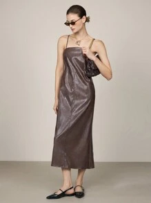 BizChic Women's Elegant Commuter Slip Dress In Leather, Christmas Outfit - Coffee Brown - View 6