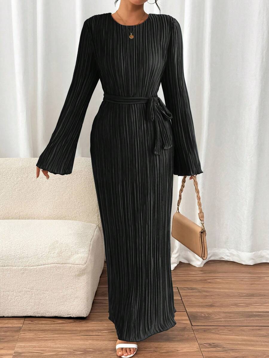 Chiquease Women's Pleated Luxurious Evening Dress, Simple Fashionable Casual Everyday Wear Fall Cloth For Women - Black - View 1