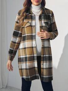 SHEIN Chaqueta camisa a cuadros con mangas largas y botones para maternidad, ropa de mujer para otoño e invierno - Marrón - Ver 4