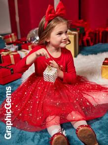 年轻女孩圣诞雪花印花长袖金属网眼撞色连衣裙，圣诞连衣裙