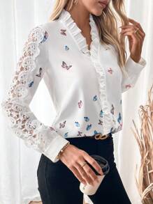 SHEIN Clasi Women Spring & Autumn Butterfly Print Contrast Lace Long Sleeve Elegant Blouse - White - View 3