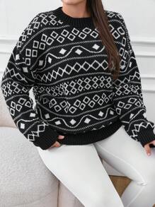 RueChic Plus Relaxed Fit Winter Jacquard Sweater - Black and White - View 1
