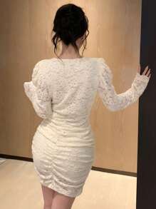 DAZY Women's Solid Color Lace Ruffle Bodycon Dress,Fall Clothes Long Sleeve Dress