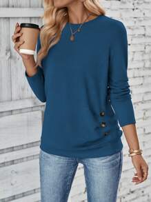 EMERY ROSE Camiseta casual de manga larga con cuello redondo de unicolor para mujer, con botones a los lados y diseño fruncido, para primavera y otoño - Agua verde azul - Ver 4