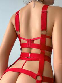 Conjunto de lencería sexy de color rojo sólido con tirantes anchos y decoración de metal hueco, lencería nupcial para salir - Rojo - Ver 2