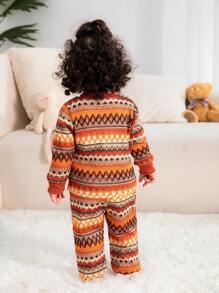 2 piezas Conjunto de top de manga larga y pantalones a juego de punto manual retro para bebé niña, tela suave y acogedora, para uso en exteriores
