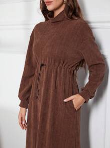 Mulvari 女士秋冬高领麦穗纹理针织休闲连衣裙长款女装 - 咖啡 - 查看 6