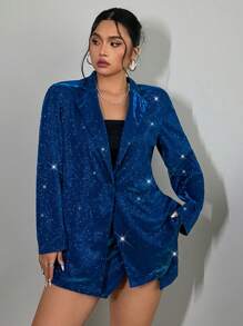 SHEIN EZwear 秋冬大码亮面缺口翻领单排扣西装外套和短裤套装 - 藍色 - 查看 6